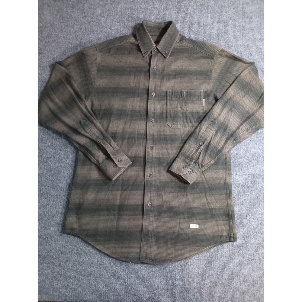 Woolrich Button Down Shirt Mens Medium Gray Olive Striped Long Sleeve Outdoor
